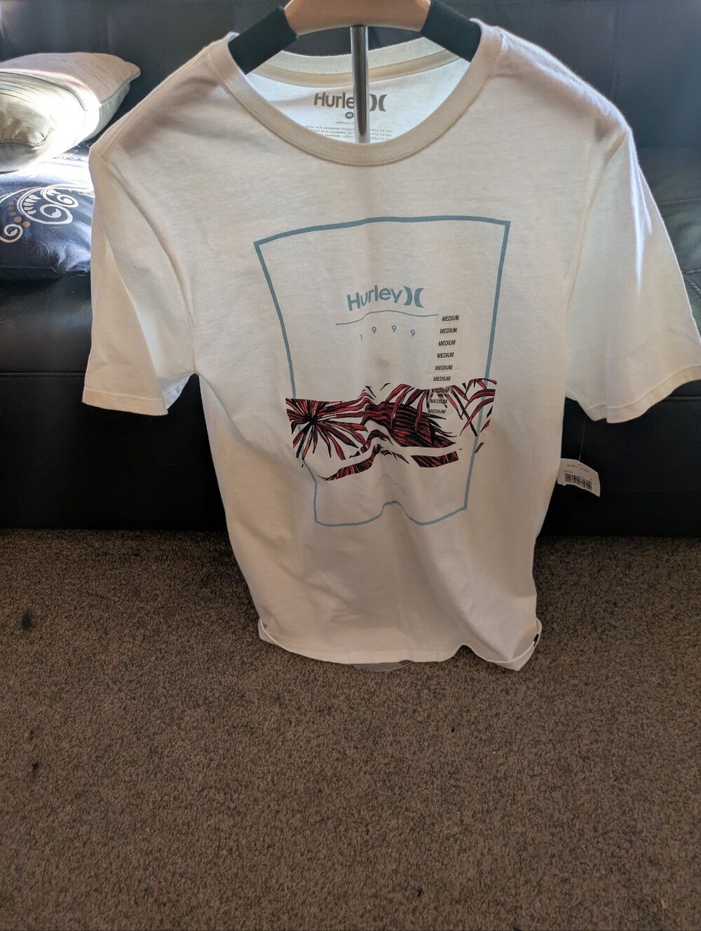 Hurley Mens' White Graphic Tee with Red Palm Print